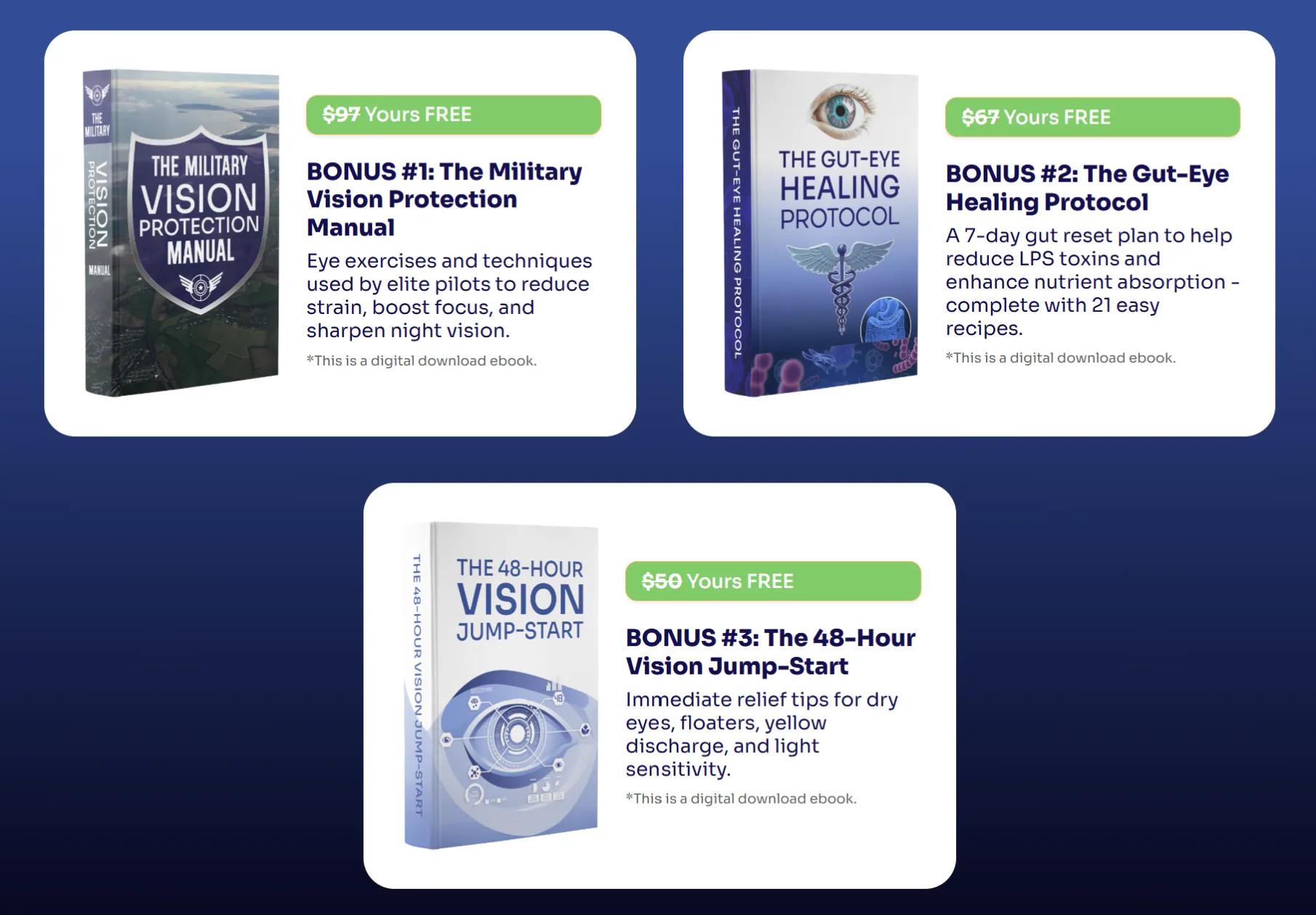 Complimentary digital educational resources including military vision exercises and gut recovery protocols included with purchase.