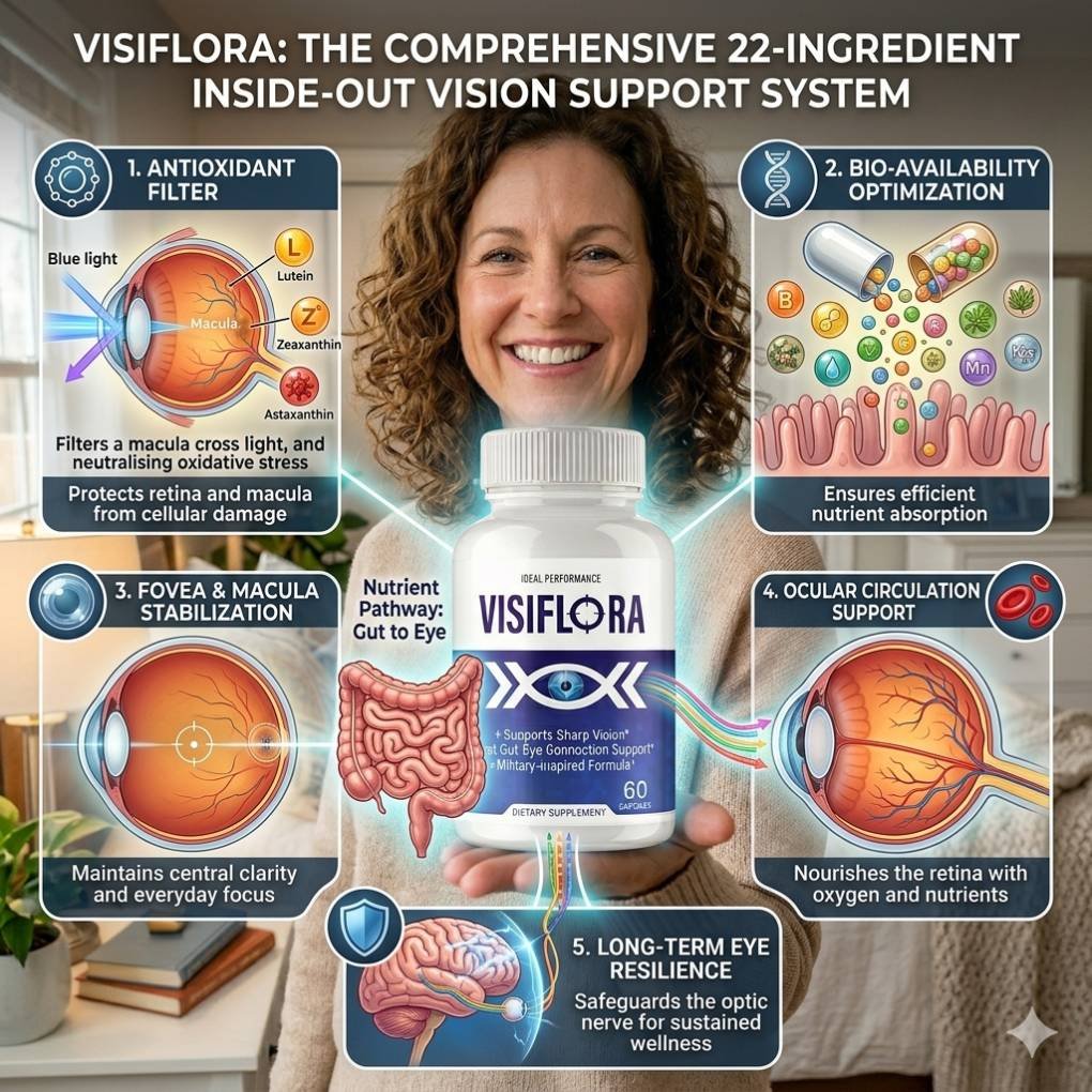 Scientific illustration detailing how the formula facilitates nutrient absorption and mitigates LPS-induced ocular inflammation.